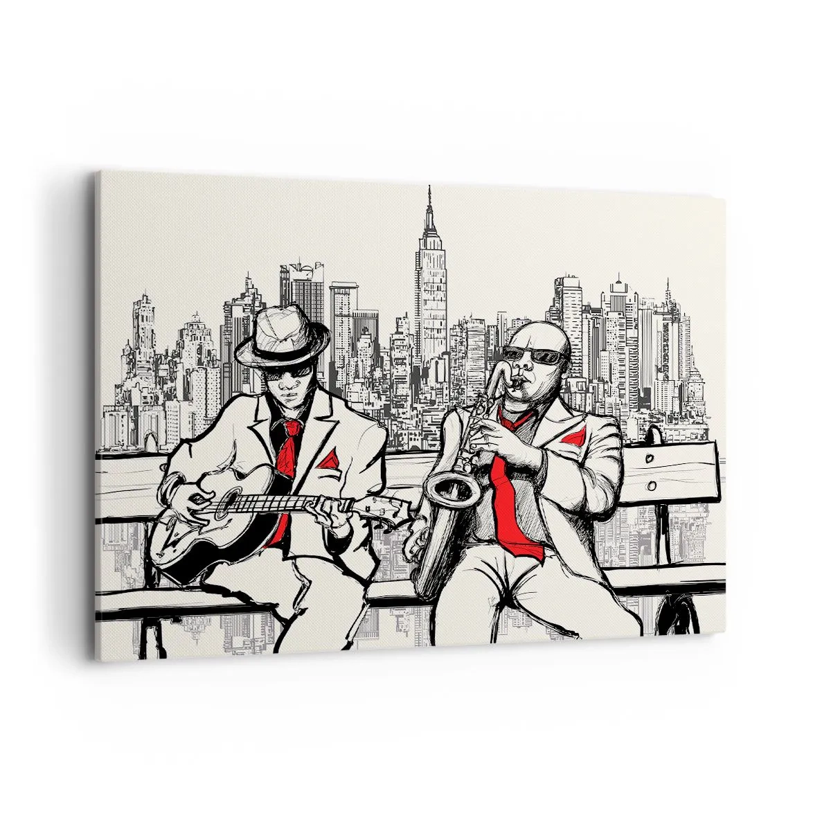 Quadro su tela - Stampe su Tela - Un duo jazz con sassofono e chitarra sullo sfondo della città - 100x70cm - Improvvisare a New York - Decorazione murale moderna per soggiorno e camera da letto ARTTOR