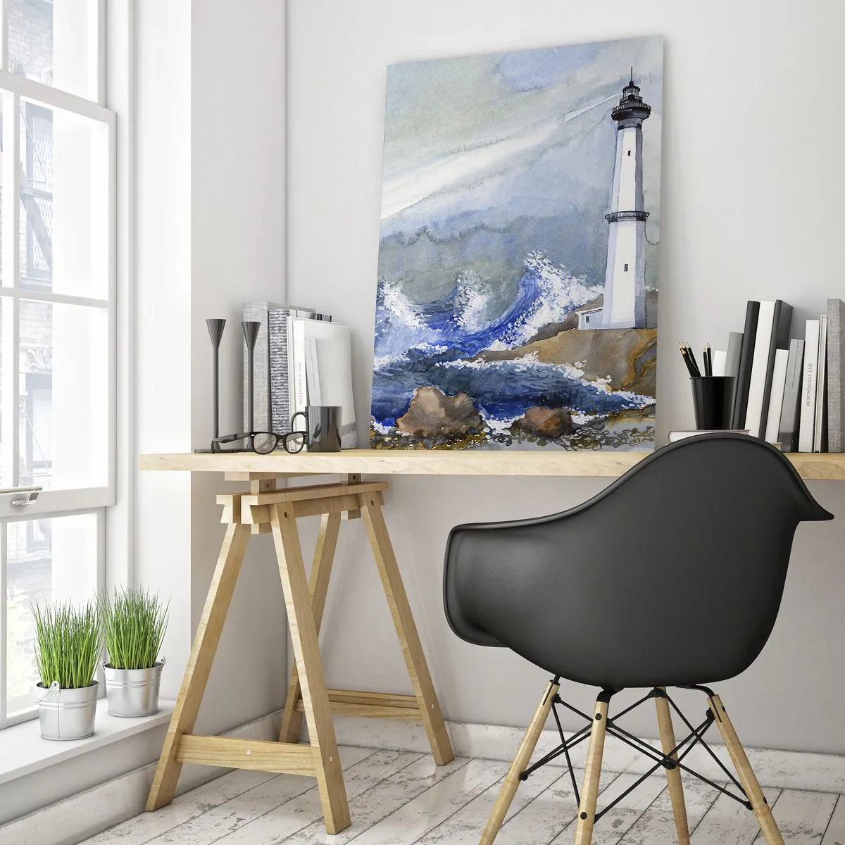 Quadro su vetro - Un faro in riva al mare in tempesta in stile acquerello - 50x70cm - Contro il buio e le burrasche - Decorazione murale moderna per soggiorno e camera da letto ARTTOR