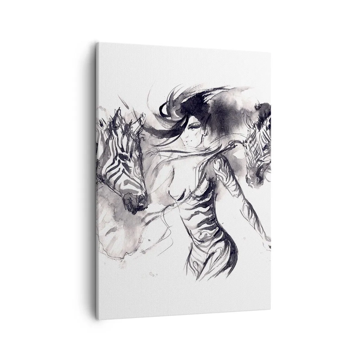Quadro su tela - Stampe su Tela - Una donna in una danza dinamica con zebre in un'estetica in bianco e nero - 50x70cm - Ballando con le zebre - Decorazione murale moderna per soggiorno e camera da letto ARTTOR