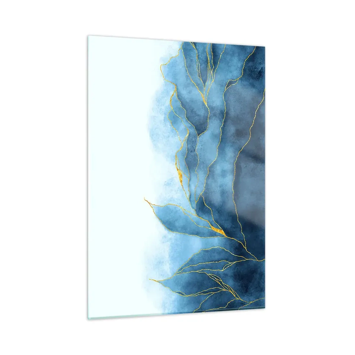 Quadro su vetro - Forme astratte blu con delicate linee dorate. - 50x70cm - Blu nell'oro - Decorazione murale moderna per soggiorno e camera da letto ARTTOR