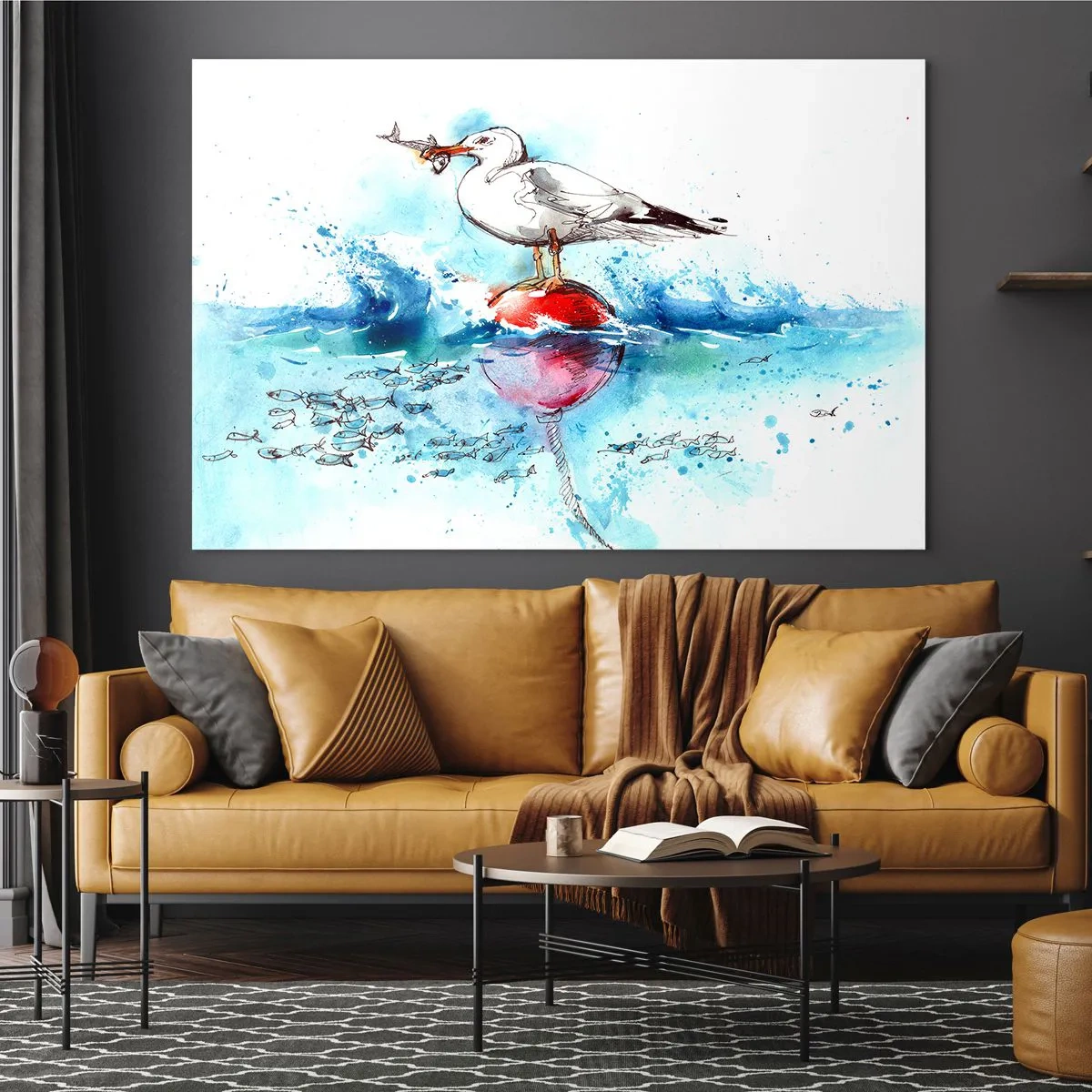 Quadro su vetro - Un gabbiano su una boa con un pesce sullo sfondo delle onde del mare - 120x80cm - Buona pesca - Decorazione murale moderna per soggiorno e camera da letto ARTTOR