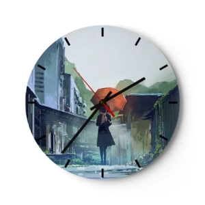 Orologio da parete - Orologio in Vetro - Una figura con un ombrello in una strada piovosa - 30x30cm - Pioggia vivificante - Decorazione murale moderna per soggiorno, cucina e camera da letto ARTTOR