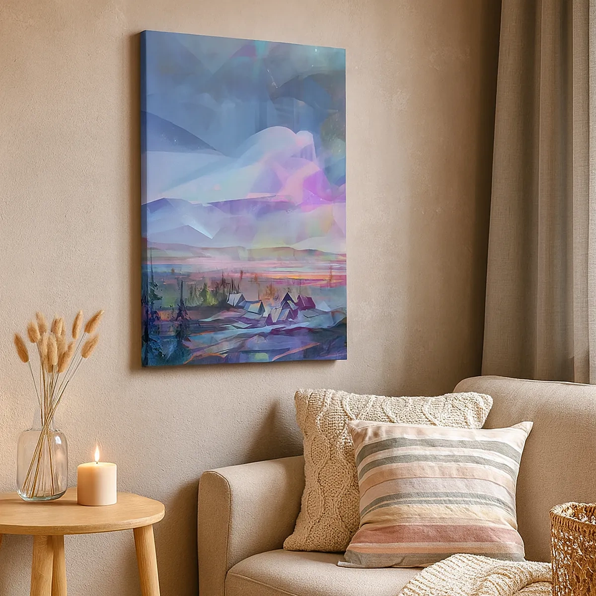 Quadro su tela - Stampe su Tela - Paesaggio montano con cielo colorato e villaggio - 50x70cm - Sotto un cielo benevolo - Decorazione murale moderna per soggiorno e camera da letto ARTTOR