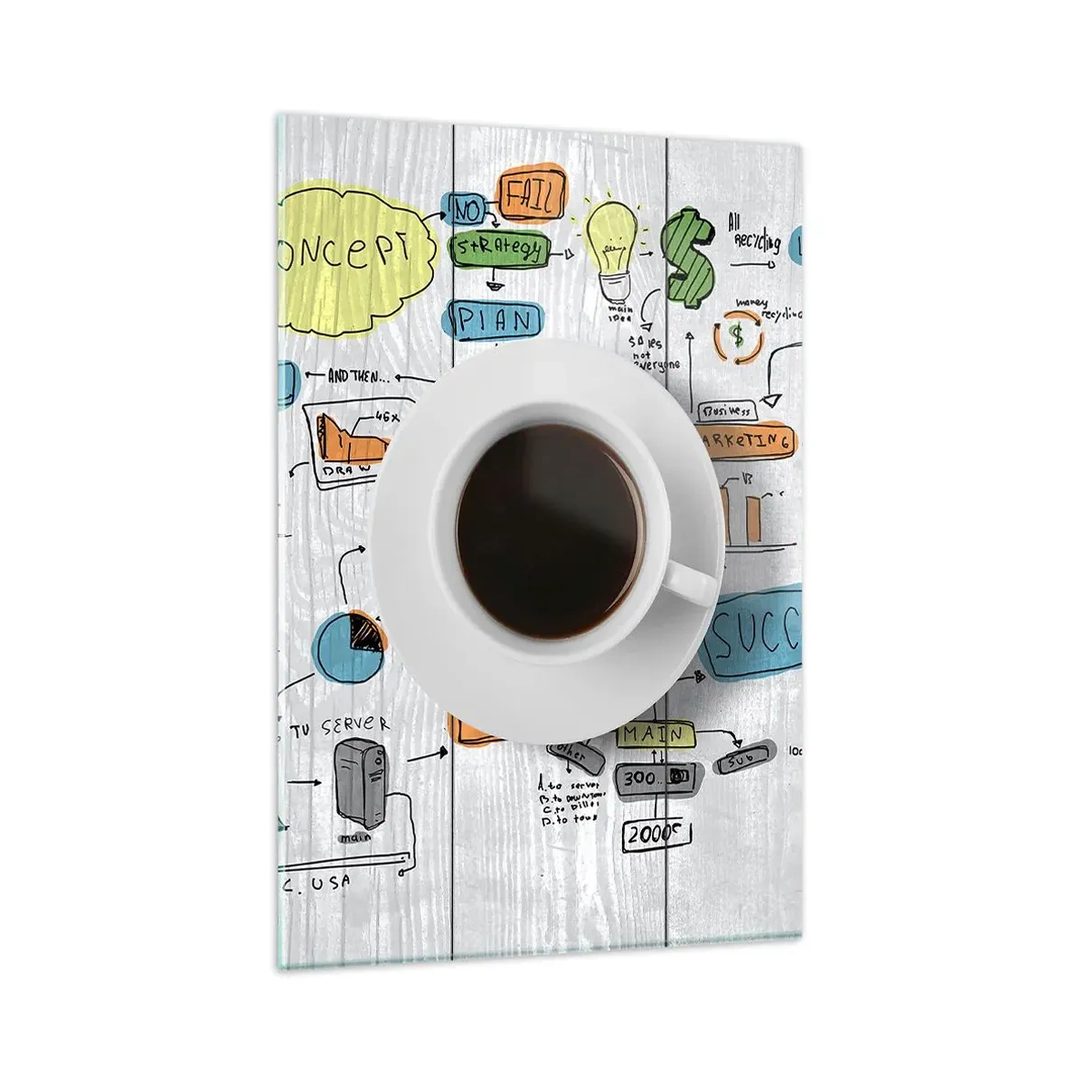 Quadro su vetro - Una tazza di caffè sullo sfondo di un disegno concettuale - 80x120cm - Un momento di pausa - Decorazione murale moderna per soggiorno e camera da letto ARTTOR