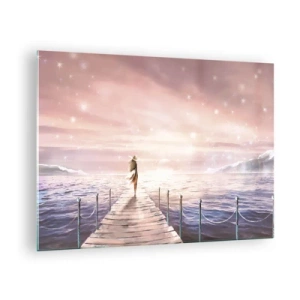 Quadro su vetro - Donna sul molo al tramonto - 70x50cm - Alla luce del sogno - Decorazione murale moderna per soggiorno e camera da letto ARTTOR