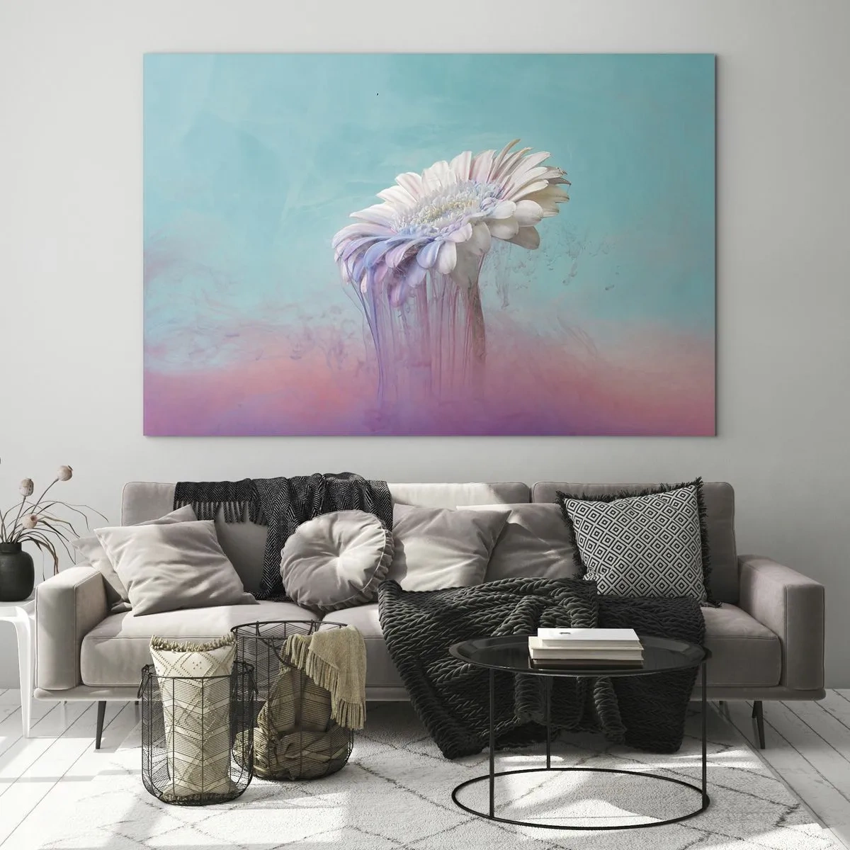 Quadro su vetro - Un fiore delicato immerso nelle tonalità pastello del blu e del rosa - 120x80cm - L'aldilà dei fiori - Decorazione murale moderna per soggiorno e camera da letto ARTTOR