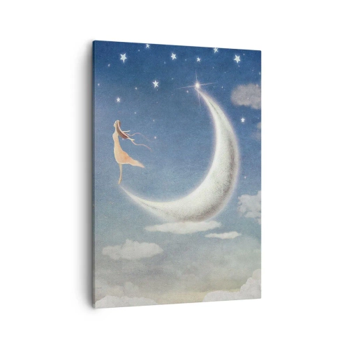 Quadro su tela - Stampe su Tela - Una donna sulla luna circondata da stelle e nuvole - 50x70cm - Seduttrice celeste - Decorazione murale moderna per soggiorno e camera da letto ARTTOR