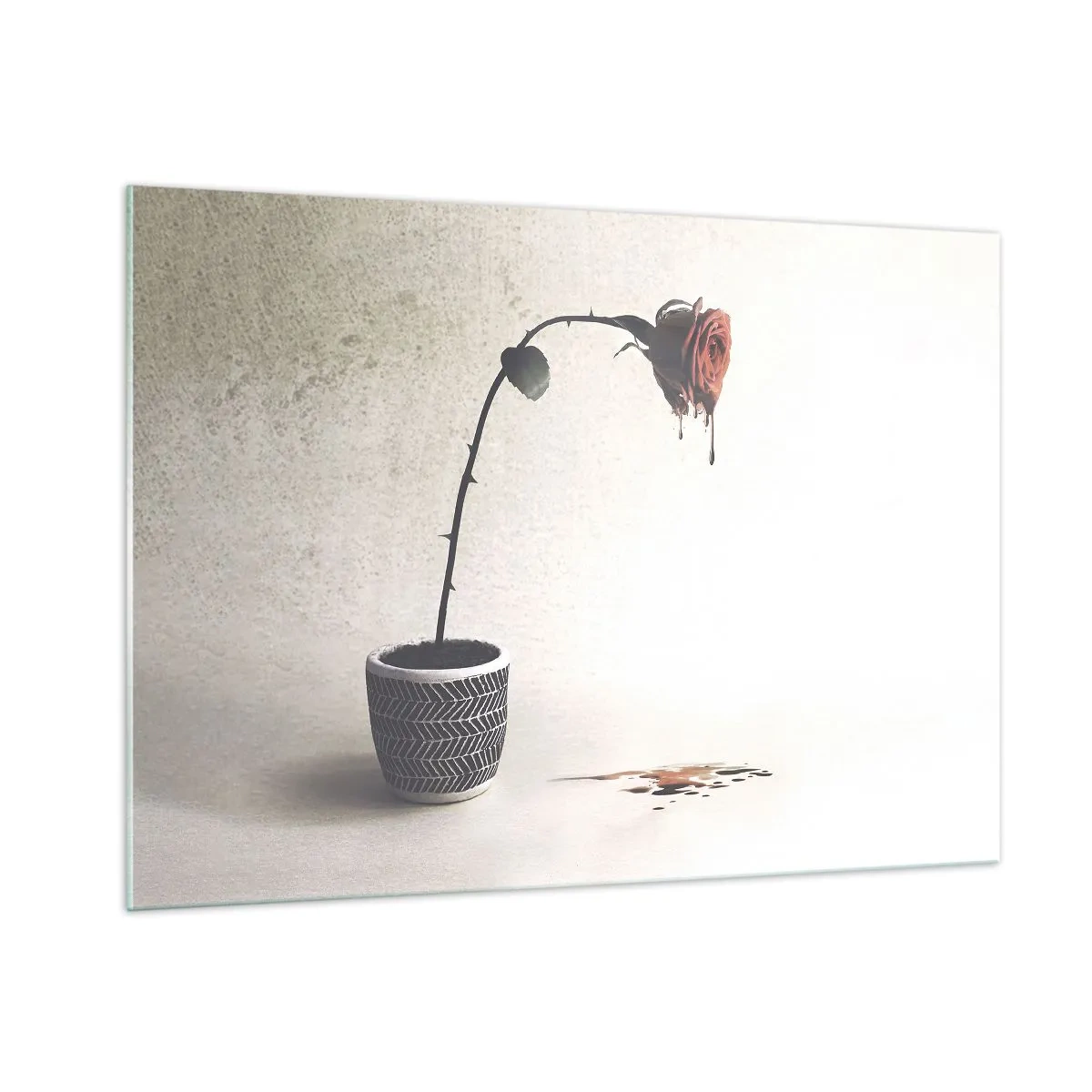 Quadro su vetro - Una rosa simbolica in un vaso con vernice gocciolante - 100x70cm - Rosa dolorosa - Decorazione murale moderna per soggiorno e camera da letto ARTTOR