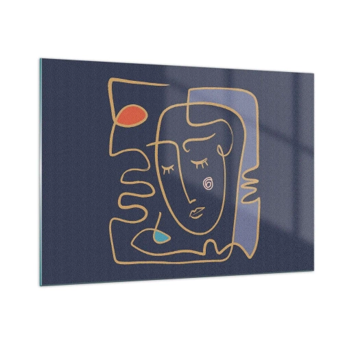 Quadro su vetro - Volto astratto in contorno su sfondo blu navy - 100x70cm - Pensierosa - Decorazione murale moderna per soggiorno e camera da letto ARTTOR