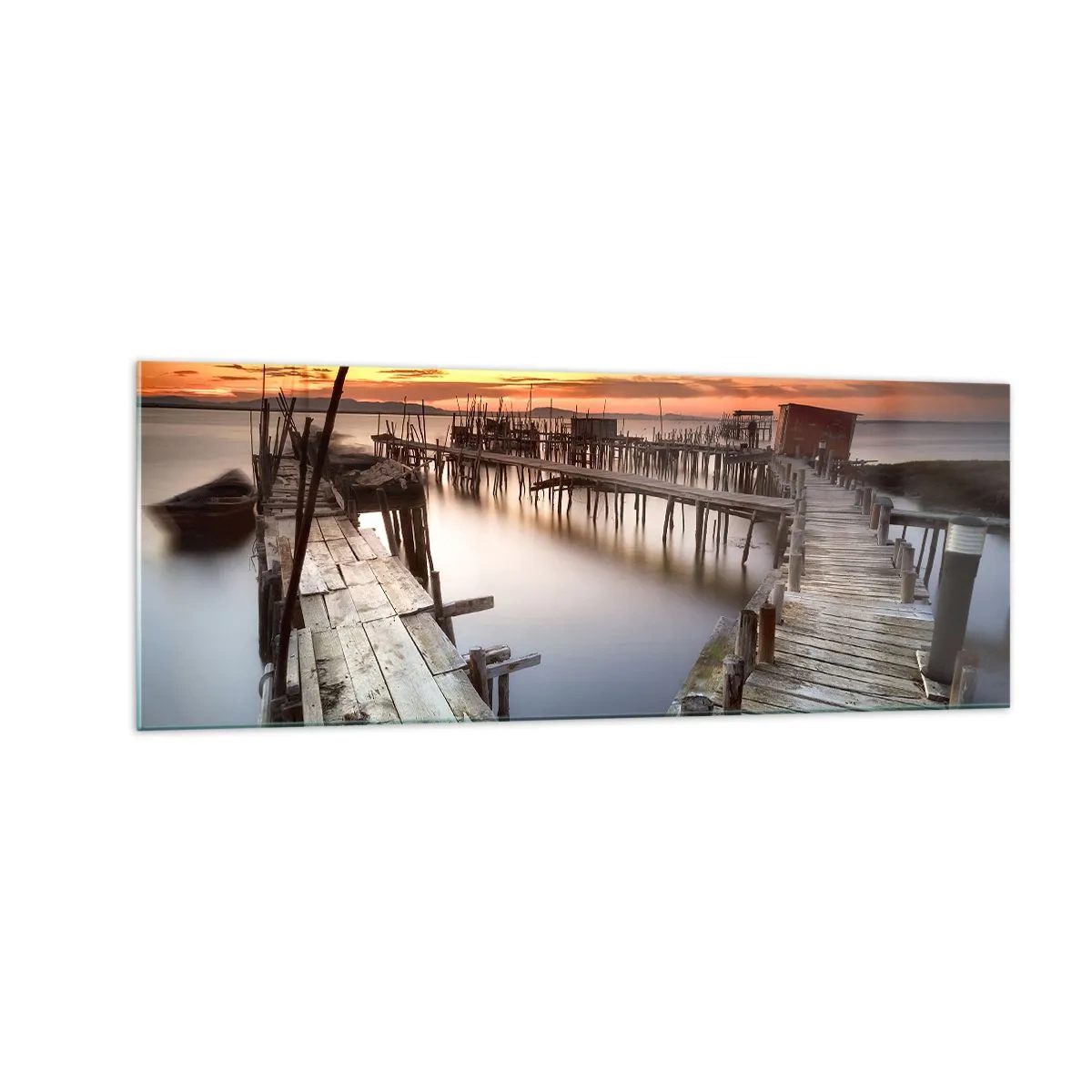 Quadro su vetro - Pontili in legno su acque calme al tramonto - 140x50cm - Autentico, non una finzione turistica - Decorazione murale moderna per soggiorno e camera da letto ARTTOR