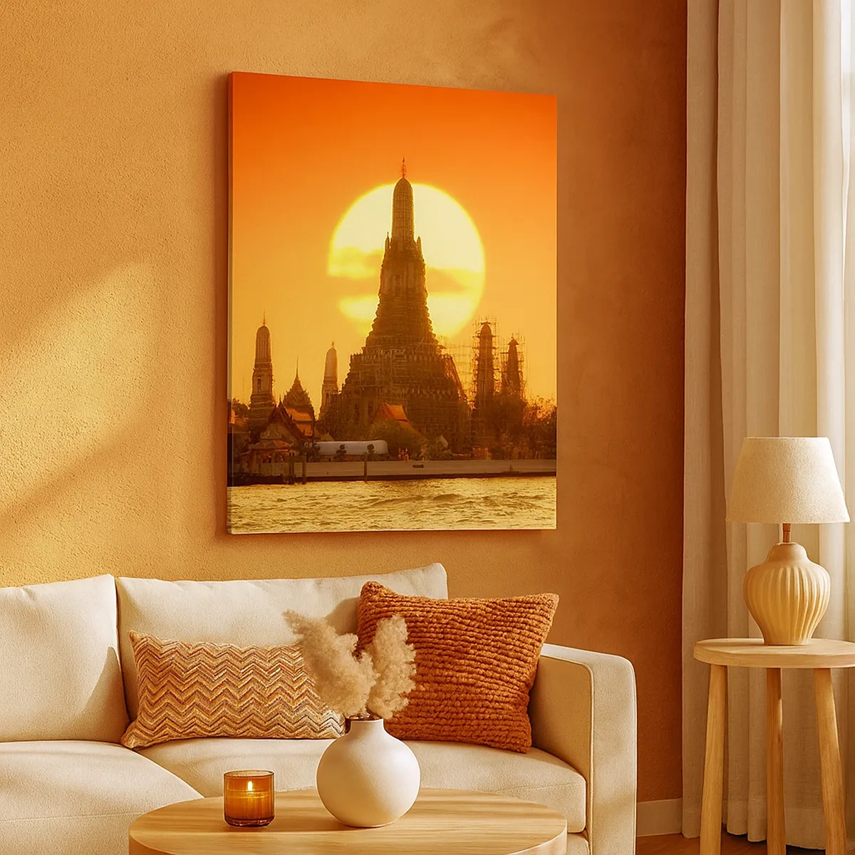 Quadro su tela - Stampe su Tela - Tramonto sul tempio con riflesso nell'acqua - 50x70cm - Verso il sole, sempre verso il sole - Decorazione murale moderna per soggiorno e camera da letto ARTTOR