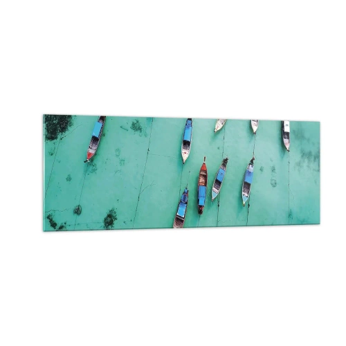 Quadro su vetro - Una vista a volo d'uccello delle barche sull'acqua turchese - 140x50cm - In gioiosa attesa - Decorazione murale moderna per soggiorno e camera da letto ARTTOR