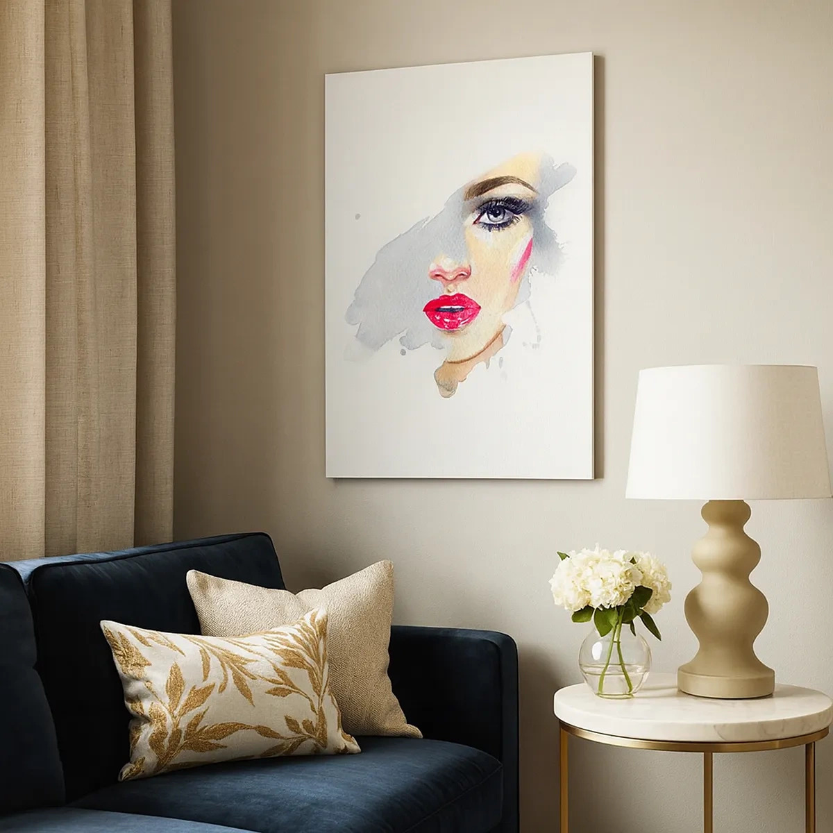 Quadro su tela - Stampe su Tela - Ritratto ad acquerello di una donna dallo sguardo intenso. - 50x70cm - Riflesso in una goccia d'acqua - Decorazione murale moderna per soggiorno e camera da letto ARTTOR