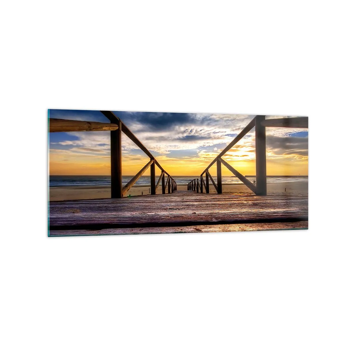 Quadro su vetro - Molo di legno che conduce alla spiaggia al tramonto - 120x50cm - Verso la spiaggia silenziosa al tramonto - Decorazione murale moderna per soggiorno e camera da letto ARTTOR