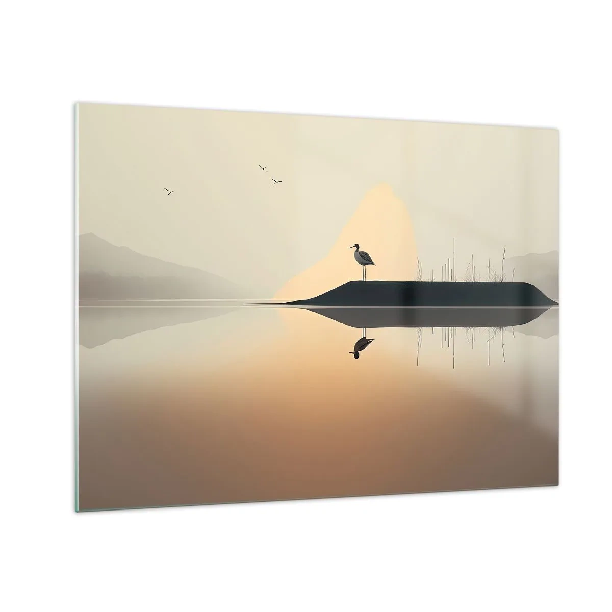Quadro su vetro - Un airone in piedi su un'isola nelle acque calme di un lago - 70x50cm - Il signore del lago - Decorazione murale moderna per soggiorno e camera da letto ARTTOR