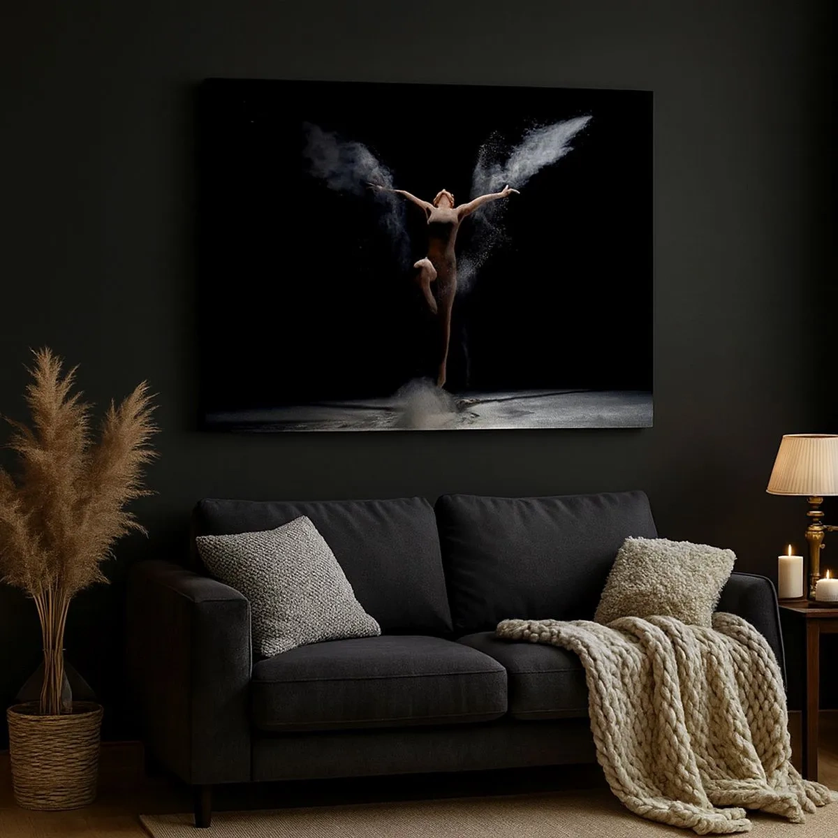 Quadro su tela - Stampe su Tela - Una ballerina in movimento con un sorprendente effetto polvere su uno sfondo nero - 70x50cm - Gli elfi esistono - Decorazione murale moderna per soggiorno e camera da letto ARTTOR