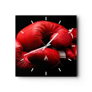 Orologio da parete - Orologio in Vetro - Guantoni da boxe rossi su sfondo nero - 30x30cm - Dopo le emozioni del combattimento - Decorazione murale moderna per soggiorno e camera da letto ARTTOR