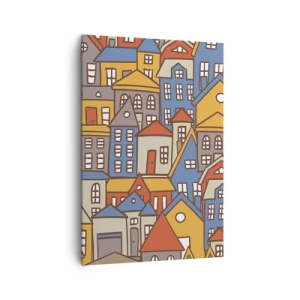 Quadro su tela - Stampe su Tela - Case colorate in stile grafico su sfondo chiaro - 70x100cm - Una casa dietro l'altra - Decorazione murale moderna per soggiorno e camera da letto ARTTOR