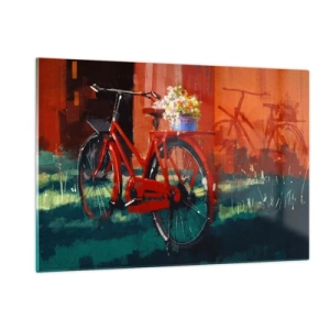 Quadro su vetro - Una bicicletta rossa con fiori davanti a un edificio rosso - 120x80cm - I want to ride my bicycle - Decorazione murale moderna per soggiorno e camera da letto ARTTOR