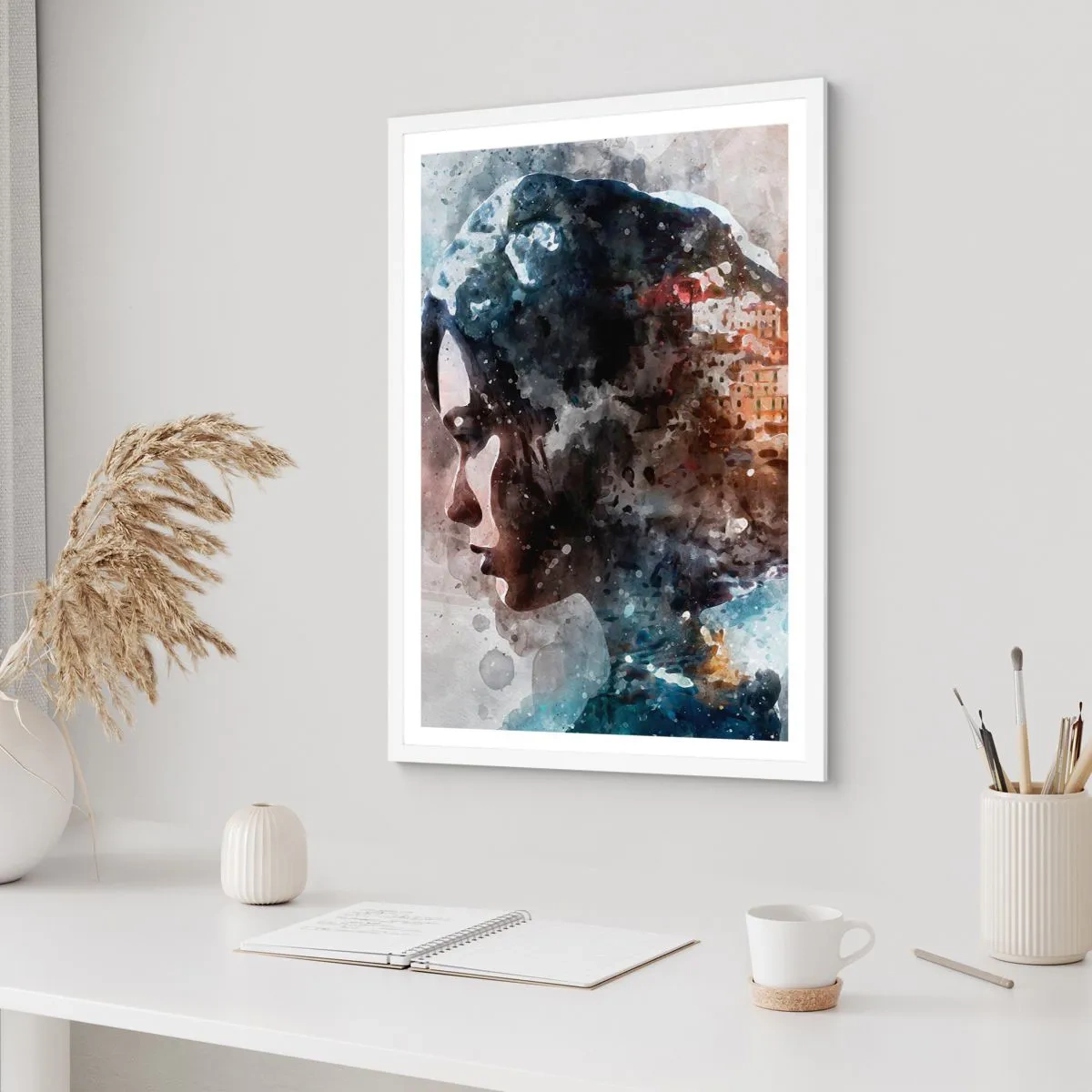 Poster in cornice bianca - Racconto su una ragazza con città sullo sfondo - 70x100 cm