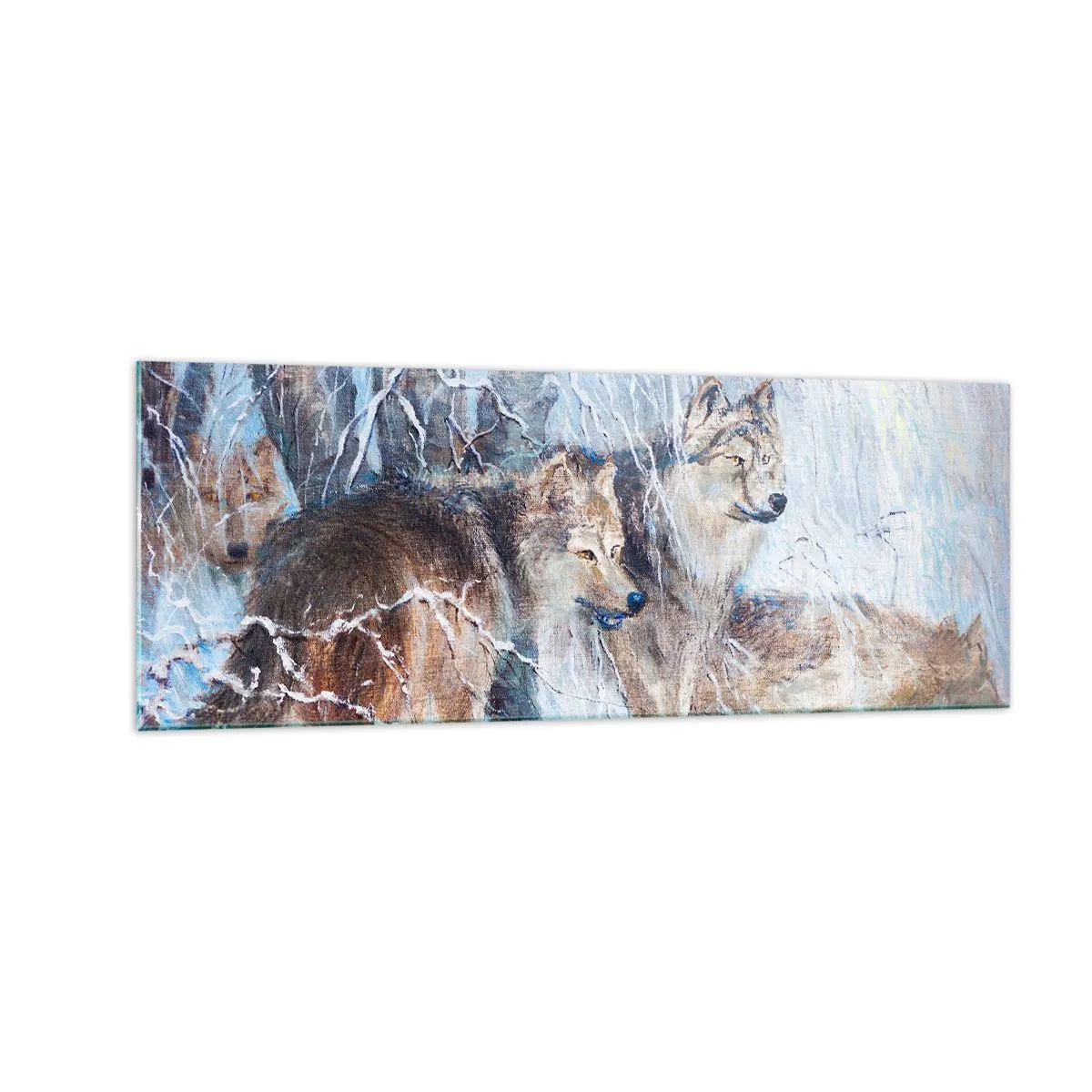 Quadro su vetro - Lupi in una foresta invernale contro uno sfondo innevato - 140x50cm - Attenzione! In arrivo... - Decorazione murale moderna per soggiorno e camera da letto ARTTOR