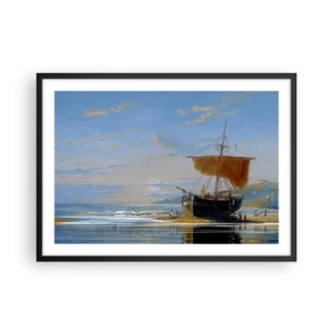 Poster in cornice nera - Una nave in riva al mare in una giornata di sole - 70x50cm - Acqua, terra, aria - Decorazione murale moderna per soggiorno e camera da letto ARTTOR