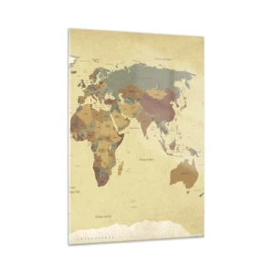 Quadro su vetro - Una mappa del mondo nei toni del beige e del marrone su uno sfondo vintage. - 50x70cm - Per te: tutto il mondo - Decorazione murale moderna per soggiorno e camera da letto ARTTOR