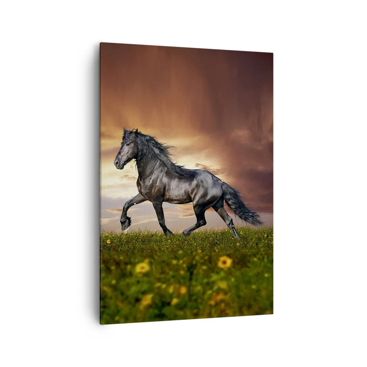 Quadro su tela - Stampe su Tela - Un cavallo nero che galoppa contro il sole al tramonto - 70x100cm - Il principe nero - Decorazione murale moderna per soggiorno e camera da letto ARTTOR