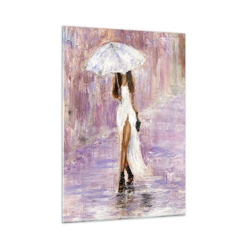 Quadro su vetro - Figura di una donna con un ombrello in una scena di pioggia lilla - 50x70cm - Nella pioggia lilla - Decorazione murale moderna per soggiorno e camera da letto ARTTOR