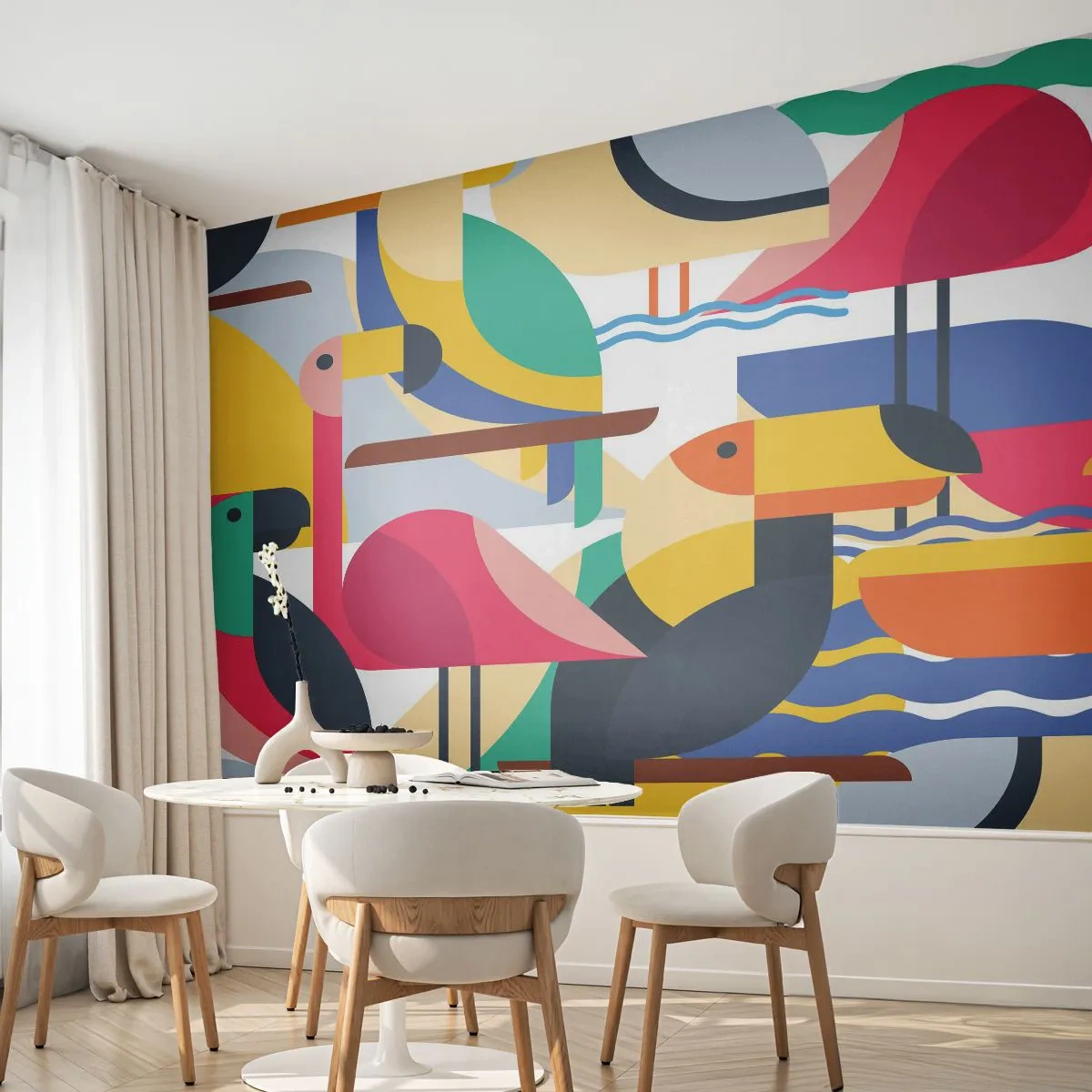 Fotomurali Standard Eco - Uccelli colorati in una composizione geometrica su uno sfondo bianco - 100x70cm - La festa degli uccelli - Decorazione murale moderna per soggiorno e camera da letto ARTTOR