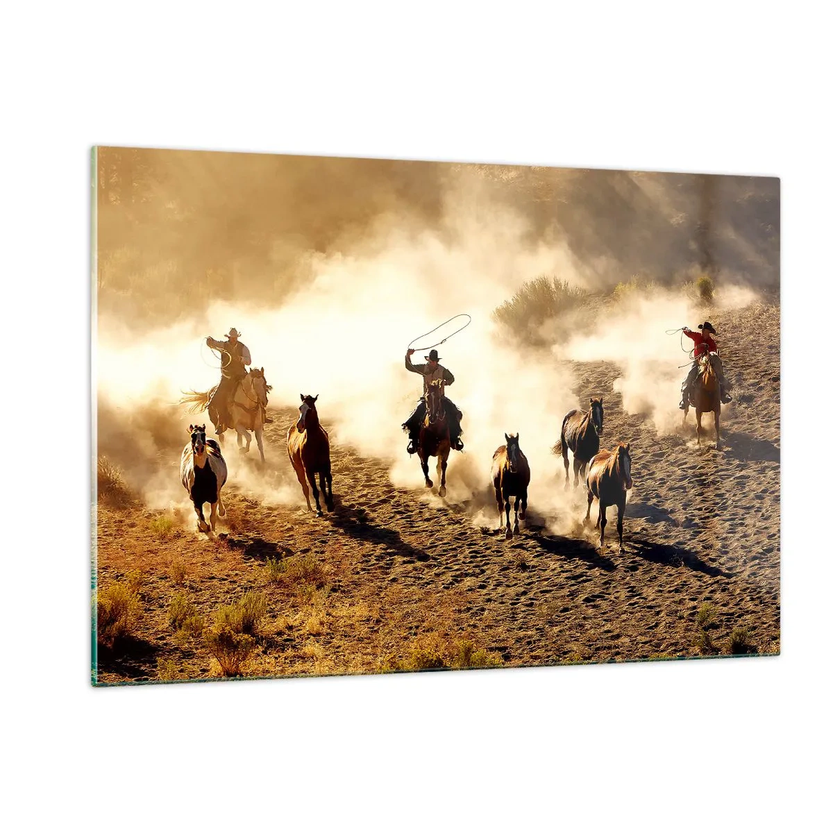 Quadro su vetro - Cowboy a cavallo nella polvere durante un rodeo - 120x80cm - Il vero Far West - Decorazione murale moderna per soggiorno e camera da letto ARTTOR