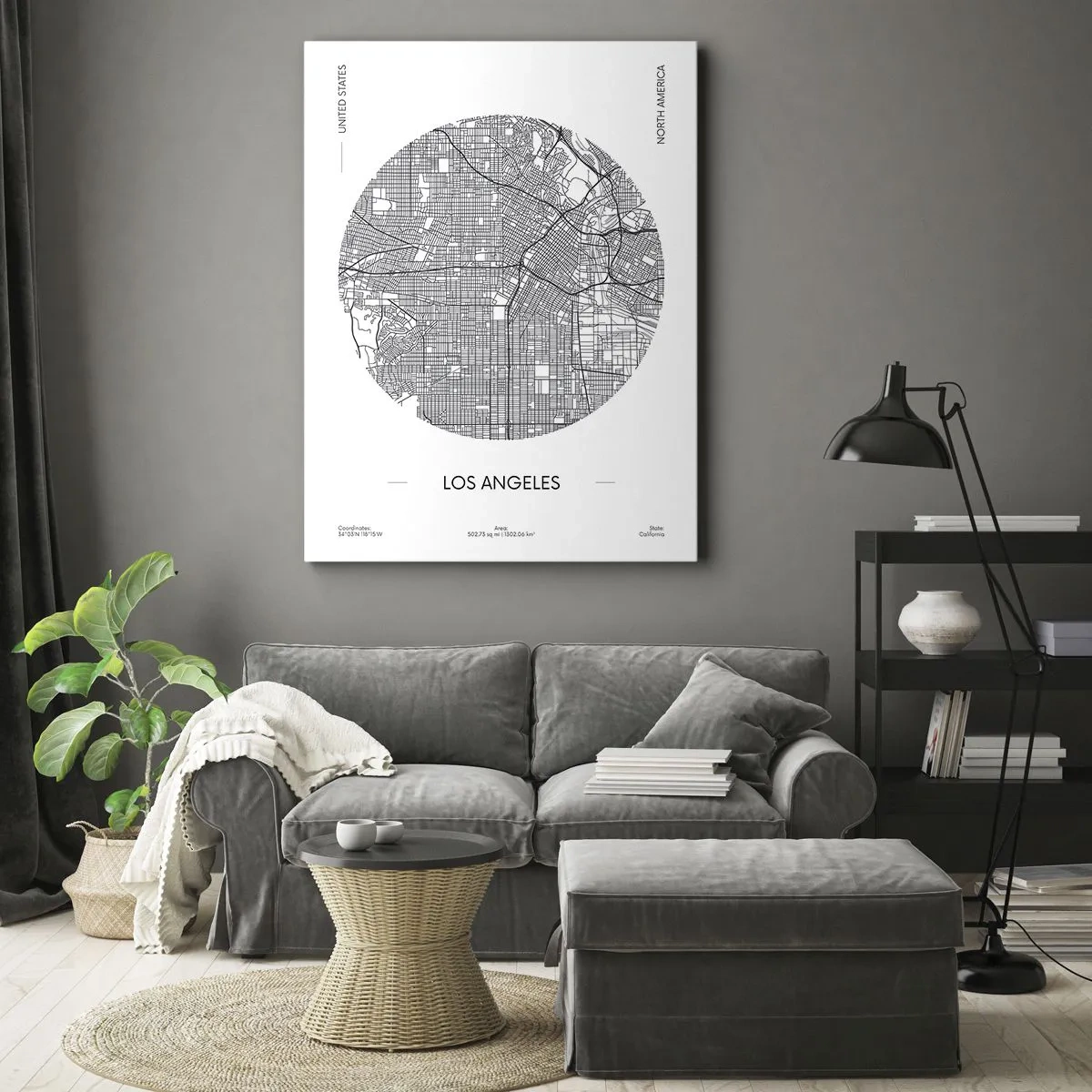 Quadro su tela - Stampe su Tela - Una mappa di Los Angeles in stile minimalista in bianco e nero - 70x100cm - Anatomia di Los Angeles - Decorazione murale moderna per soggiorno e camera da letto ARTTOR