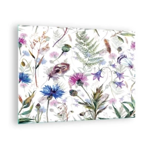 Quadro su vetro - Disegni di fiori selvatici e foglie su uno sfondo chiaro - 70x50cm - Erbario polacco - Decorazione murale moderna per soggiorno e camera da letto ARTTOR