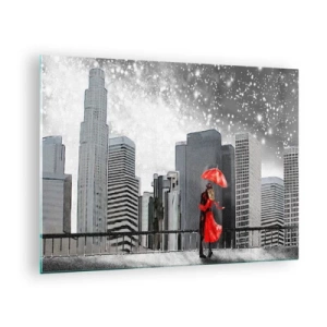 Quadro su vetro - Una coppia con un ombrello rosso in piedi di fronte a un paesaggio urbano di notte - 70x50cm - L'uomo non è di pietra - Decorazione murale moderna per soggiorno e camera da letto ARTTOR