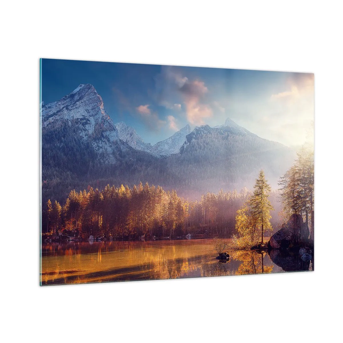 Quadro su vetro - Luce dorata del mattino su un lago di montagna circondato dalla foresta - 100x70cm - Sui monti e nelle valli - Decorazione murale moderna per soggiorno e camera da letto ARTTOR