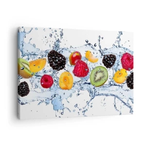 Quadro su tela - Stampe su Tela - Frutti colorati immersi in schizzi d'acqua su uno sfondo bianco - 70x50cm - Gioca con noi - Decorazione murale moderna per soggiorno e camera da letto ARTTOR