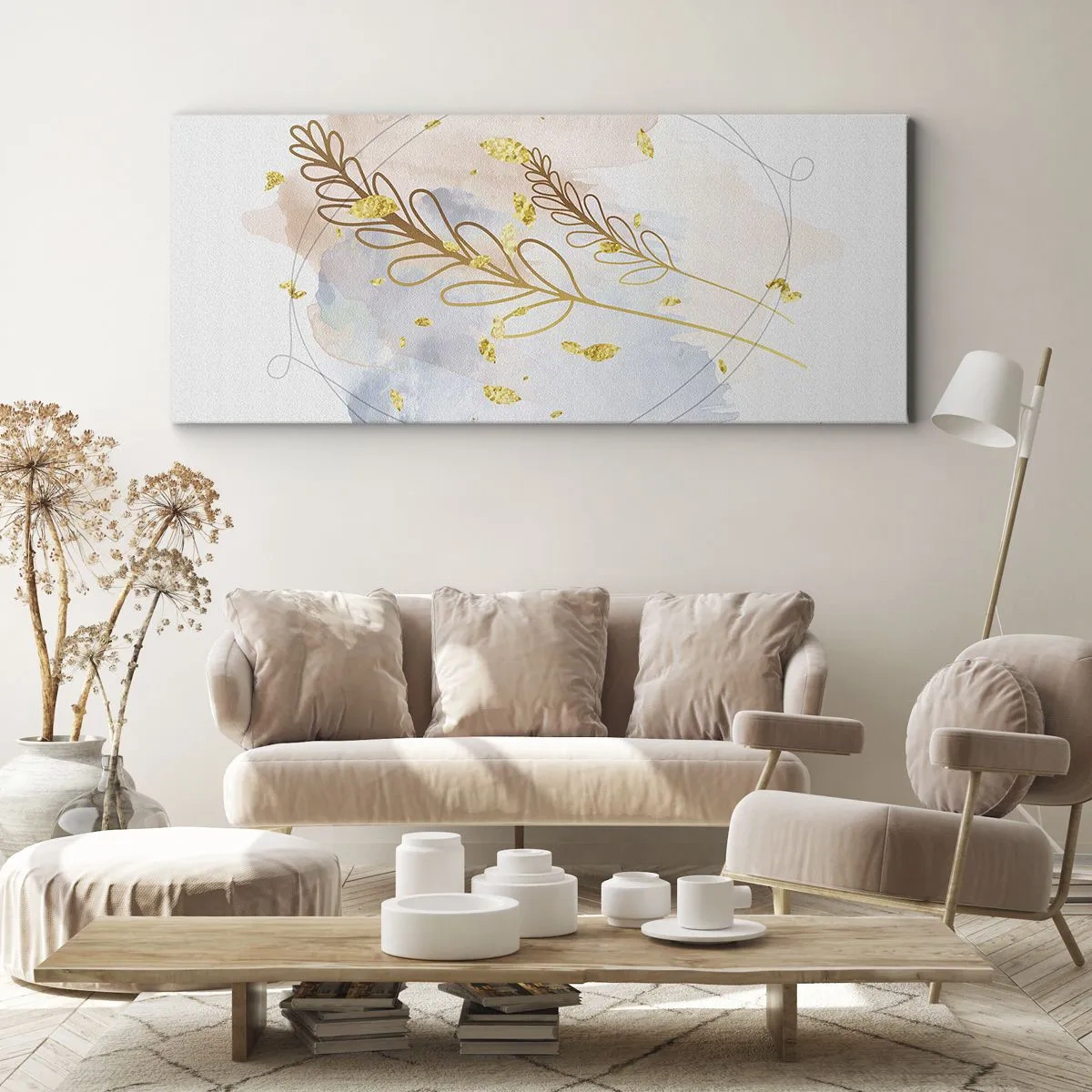Quadro su tela - Stampe su Tela - Un delicato motivo a foglia dorata su uno sfondo pastello con dettagli acquerellati. - 140x50cm - Soffio d'oro - Decorazione murale moderna per soggiorno e camera da letto ARTTOR
