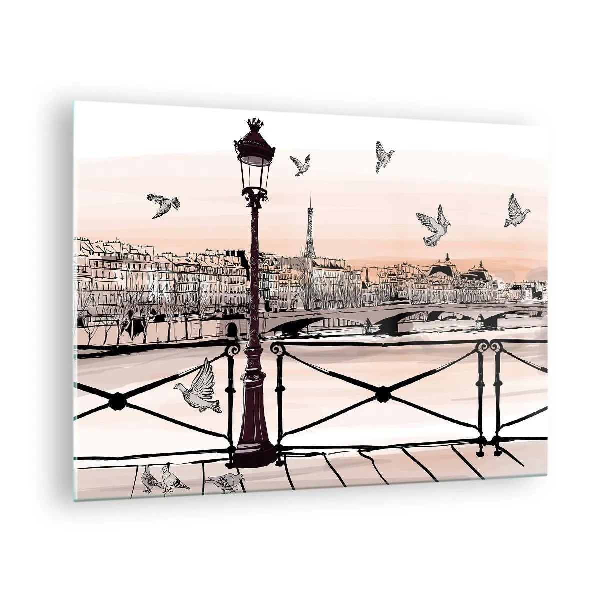 Quadro su vetro - Illustrazione di una strada parigina con vista sulla Torre Eiffel all'alba - 70x50cm - Sui tetti di Parigi - Decorazione murale moderna per soggiorno e camera da letto ARTTOR
