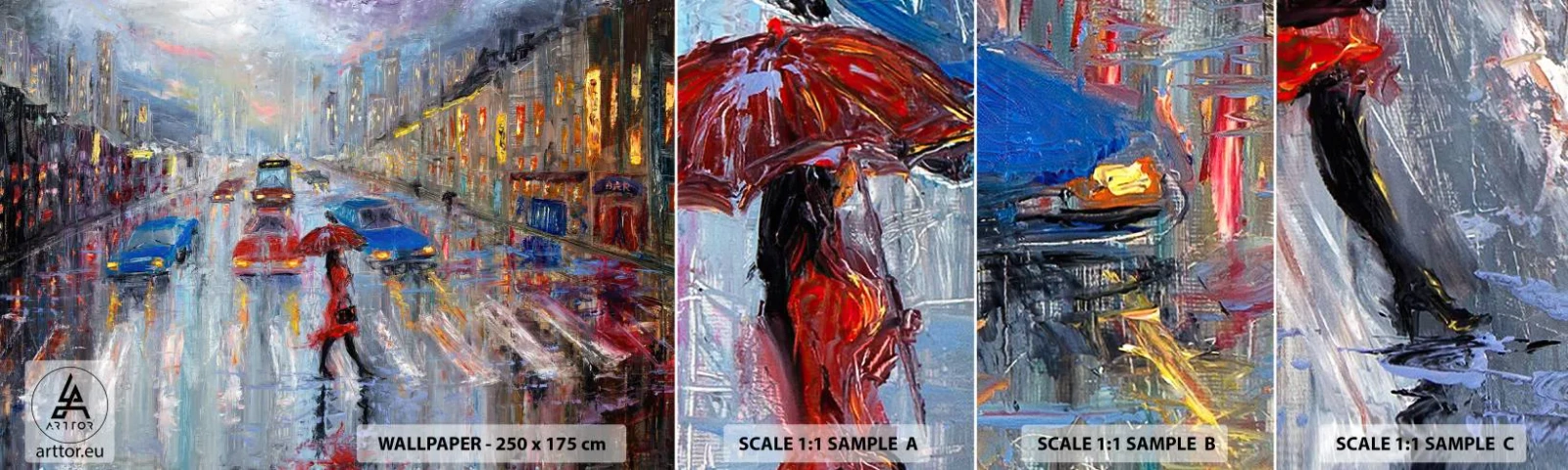 Campione Di Fotomurale Standard Eco - Pomeriggio di pioggia in città - Città, Architettura, Camminare sotto la pioggia - 100x30 cm