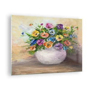 Quadro su vetro - Un mazzo di fiori colorati in un vaso bianco - 70x50cm - Natura morta con vaso bianco - Decorazione murale moderna per soggiorno e camera da letto ARTTOR