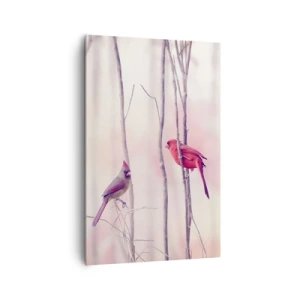 Quadro su tela - Stampe su Tela - Una coppia di cardinali appollaiati sui rami in un paesaggio pastello - 80x120cm - Il racconto del bosco rosa - Decorazione murale moderna per soggiorno e camera da letto ARTTOR