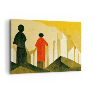 Quadro su tela - Stampe su Tela - Silhouette geometriche in rosso e verde su sfondo giallo - 120x80cm - La strada è ancora lunga - Decorazione murale moderna per soggiorno e camera da letto ARTTOR