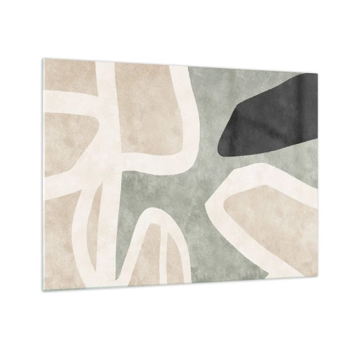 Quadro su vetro - Forme astratte in beige e verde con un tocco di nero - 70x50cm - Composizione con motivi in nero - Decorazione murale moderna per soggiorno e camera da letto ARTTOR