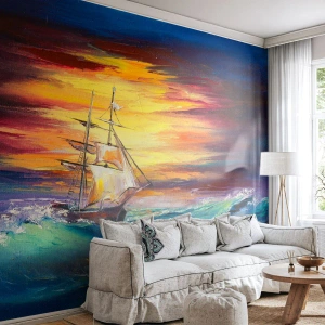 Fotomurali Premium Sand - Una nave a vela in un mare in tempesta al tramonto - 100x70cm - Temerari sulle onde - Decorazione murale moderna per soggiorno e camera da letto ARTTOR