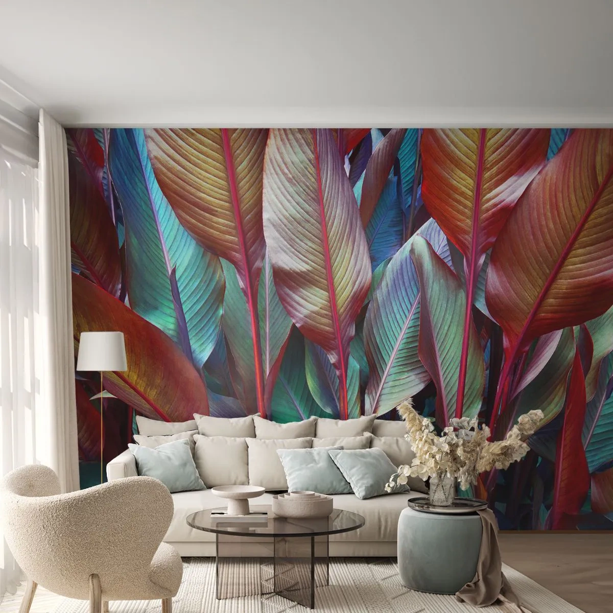 Fotomurali Premium Sand - Selva colorata - Foglie, Botanica, Boho - 500x350 cm