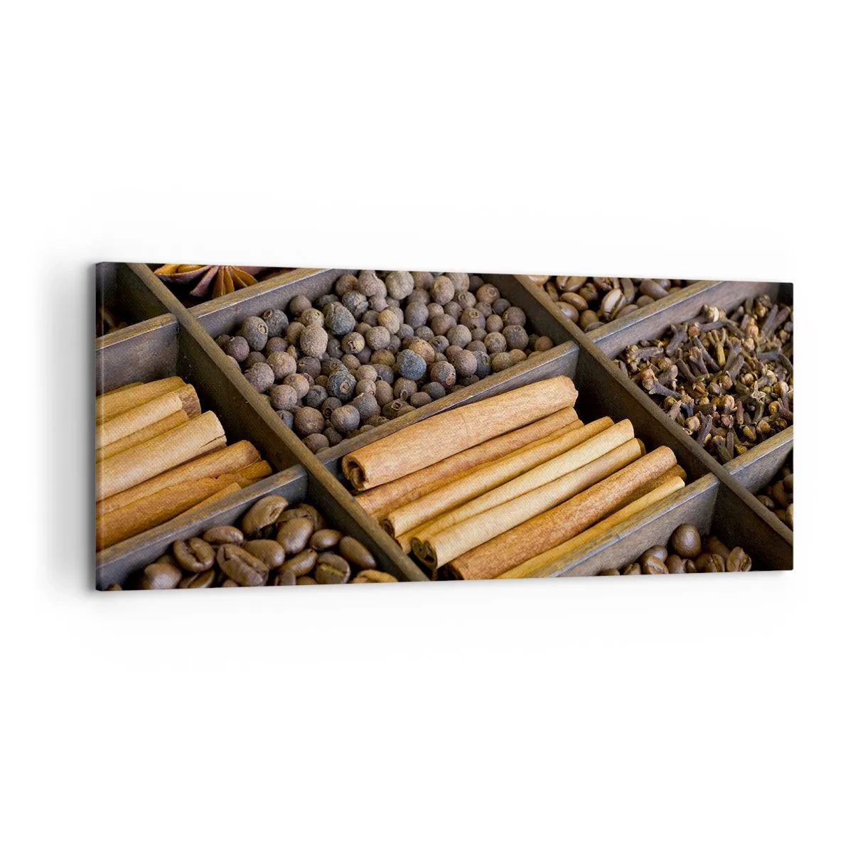 Quadro su tela - Stampe su Tela - Spezie e caffè in scomparti di legno - 120x50cm - Il tesoro degli aromi - Decorazione murale moderna per soggiorno e camera da letto ARTTOR