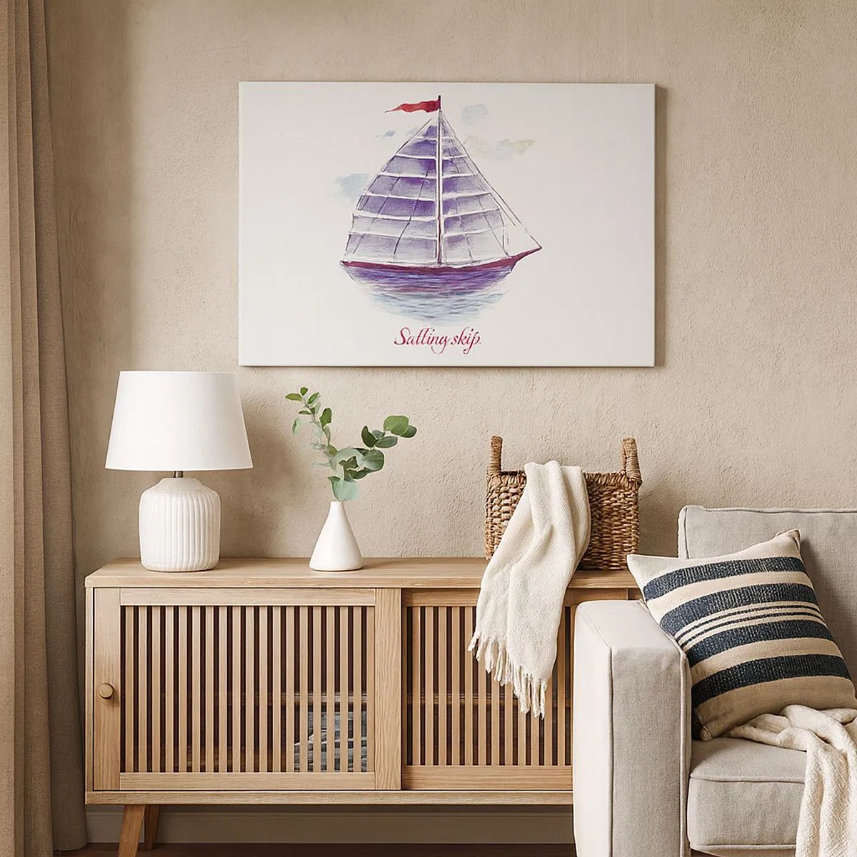 Quadro su tela - Stampe su Tela - Un dipinto ad acquerello di una barca a vela sull'acqua con una delicata iscrizione - 70x50cm - Gonfie vele e mare calmo - Decorazione murale moderna per soggiorno e camera da letto ARTTOR