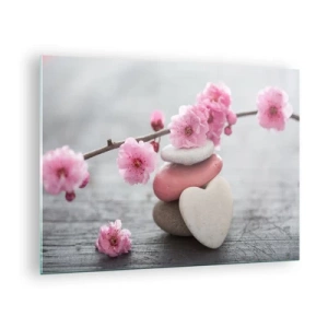 Quadro su vetro - Fiori di ciliegio rosa e pietre a forma di cuore - 70x50cm - Serenità con fiori di ciliegio - Decorazione murale moderna per soggiorno e camera da letto ARTTOR