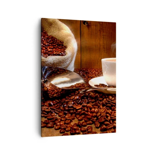 Quadro su tela - Stampe su Tela - Una tazza di caffè con chicchi di caffè e un sacco di cereali sullo sfondo - 50x70cm - Senti questo odore? - Decorazione murale moderna per soggiorno e camera da letto ARTTOR