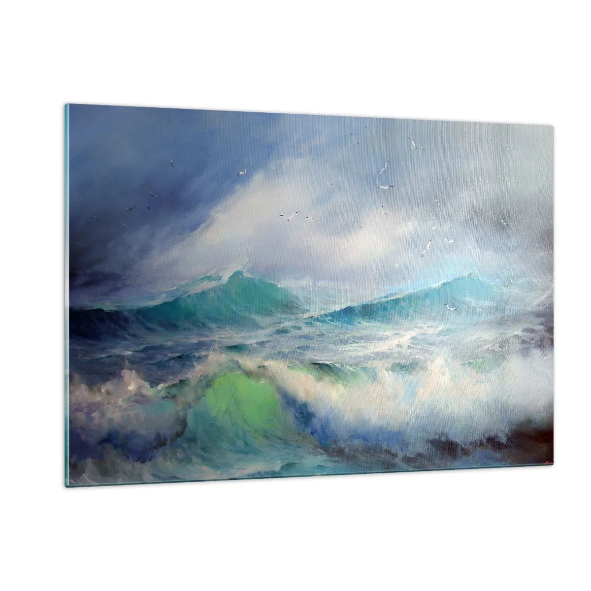 Quadro su vetro - Onde agitate dell'oceano con uccelli in un cielo nuvoloso - 120x80cm - Il turbine ululò di trionfo... - Decorazione murale moderna per soggiorno e camera da letto ARTTOR